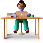 Icon Figur plastischer Mensch sitzt am Laptop am Schreibtisch und lächelt